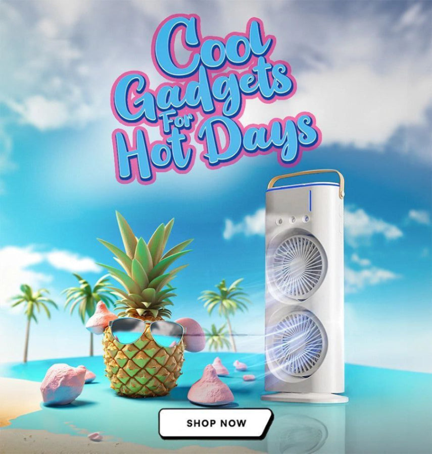 Fan with pineapple and sunglasses on a beach background with 'Cool Gadgets For Hot Days' text.